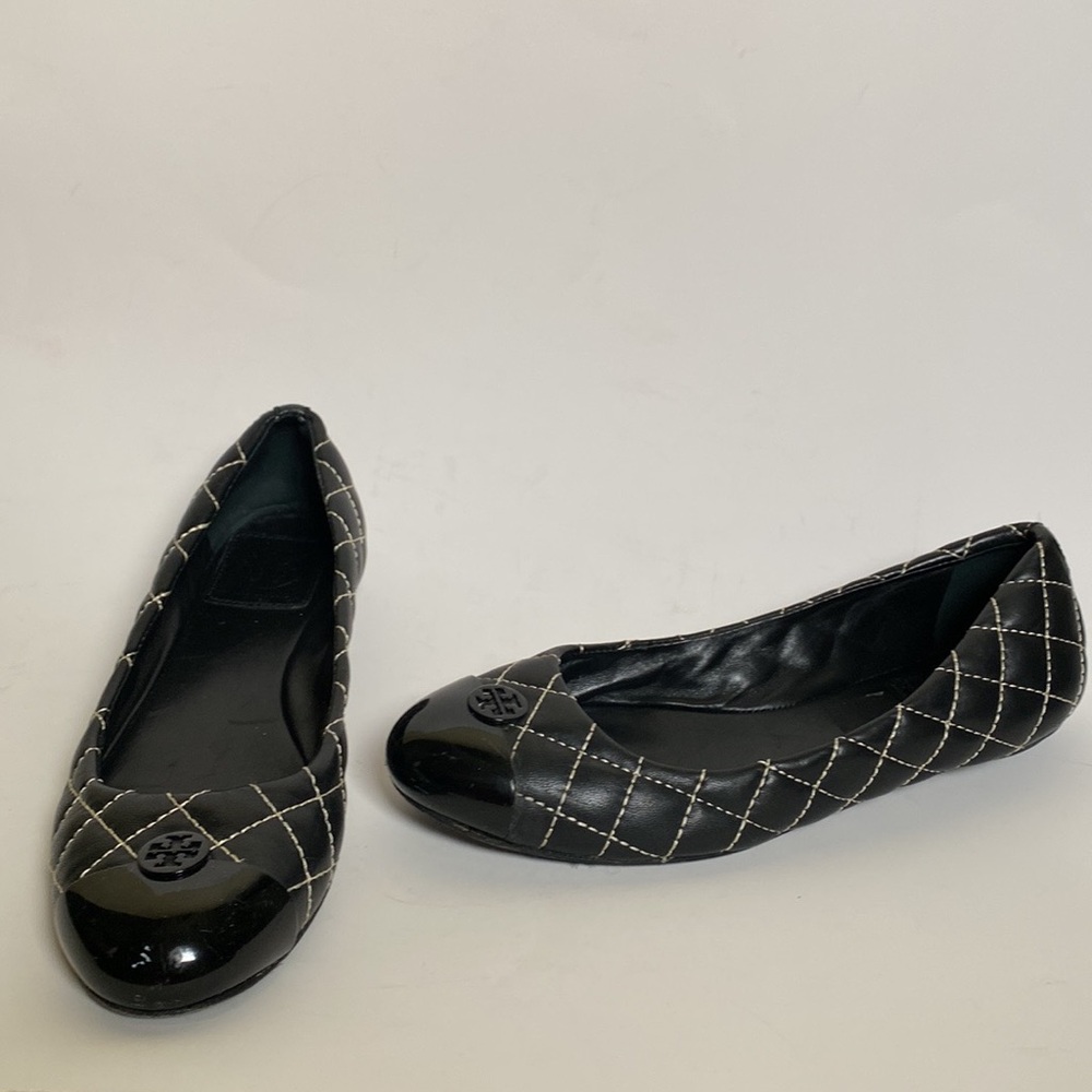 Tory Burch Kaitlin Leather Quilted Contrast Stitch Ballet Flats Black Size 6